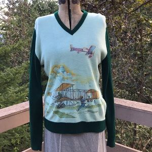 Vintage Wright’s Brothers Green Airplane Sweater